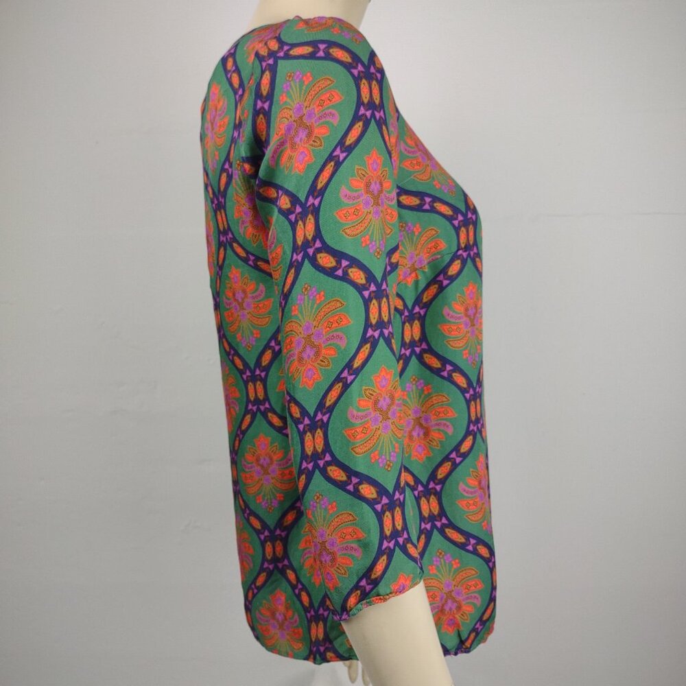 Boden green multicolor print round neck 3/4 sleeve top blouse ladies size 6 - Picture 4 of 9